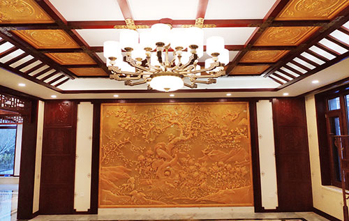 云浮中式别墅客厅中式木作横梁吊顶装饰展示
